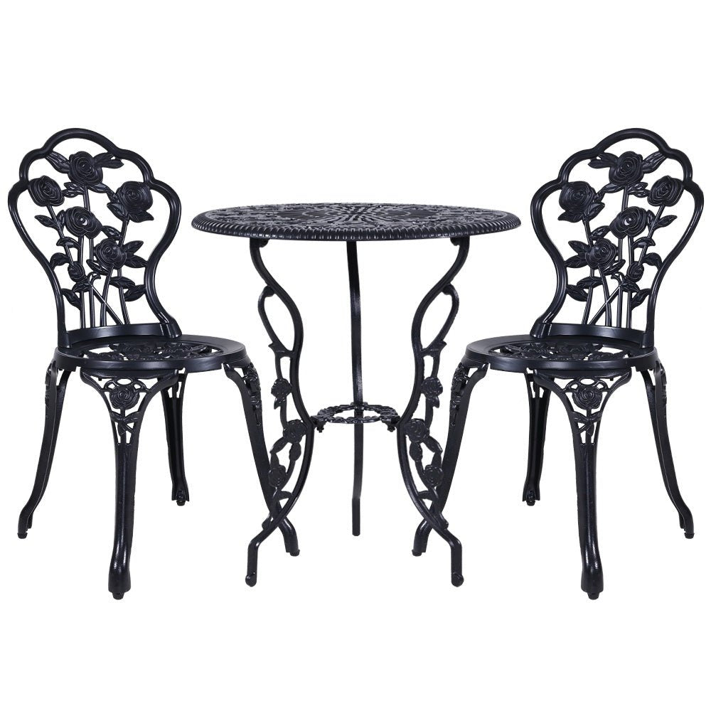 3PC Outdoor Setting Bistro Set Chairs Table Cast Aluminum Rose Black - Furniture > Outdoor - Bedzy Australia