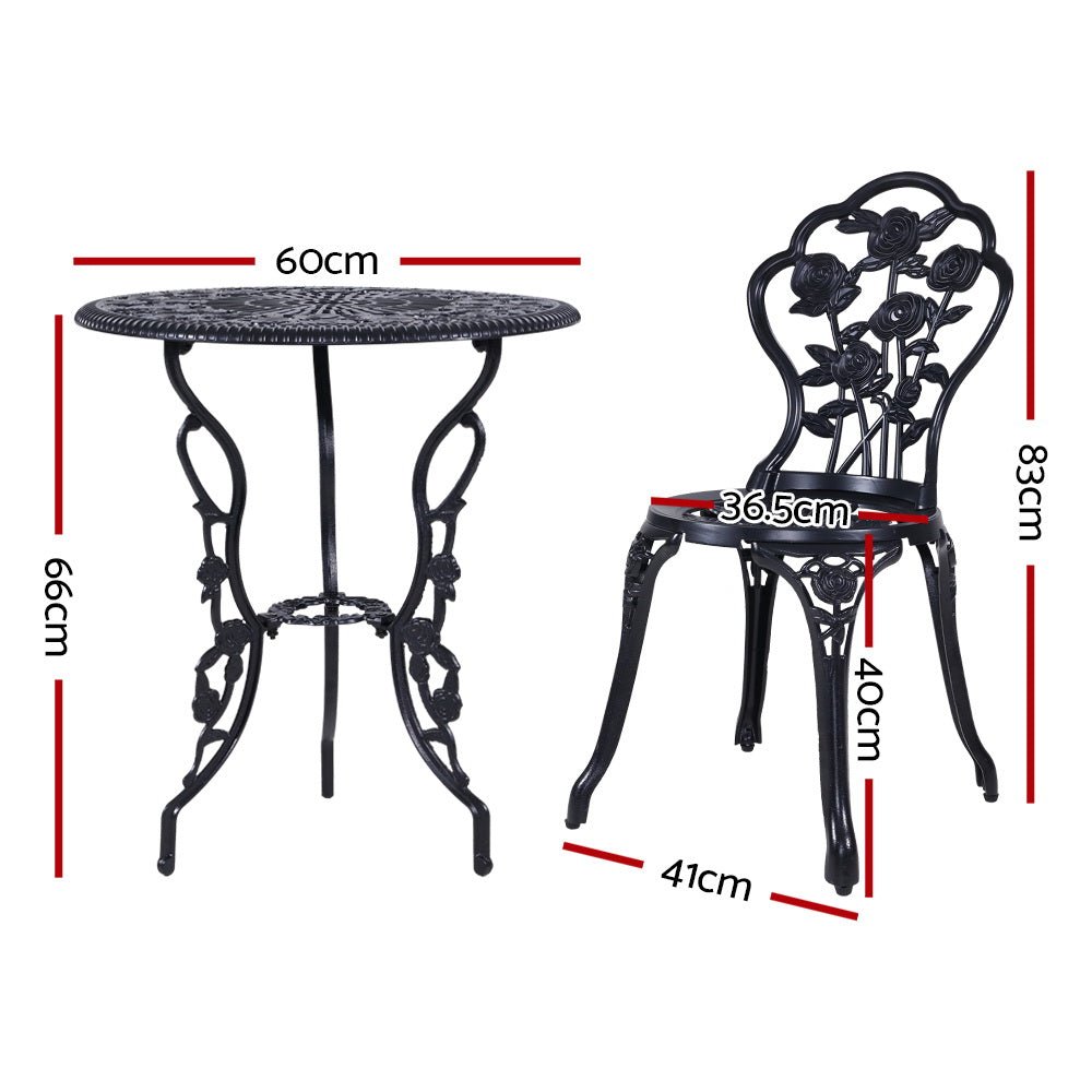 3PC Outdoor Setting Bistro Set Chairs Table Cast Aluminum Rose Black - Furniture > Outdoor - Bedzy Australia