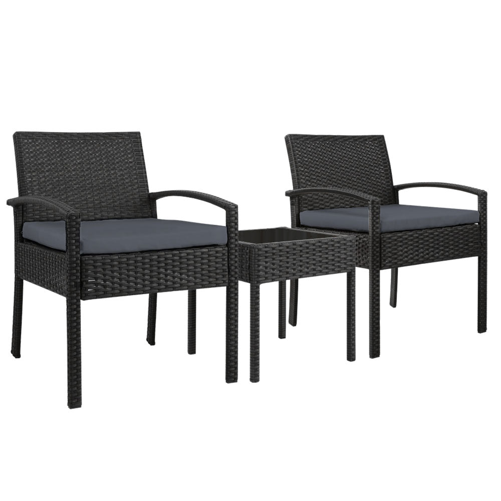 3PC Patio Furniture Bistro Set Wicker Outdoor Lounge Setting Black - Furniture > Outdoor - Bedzy Australia