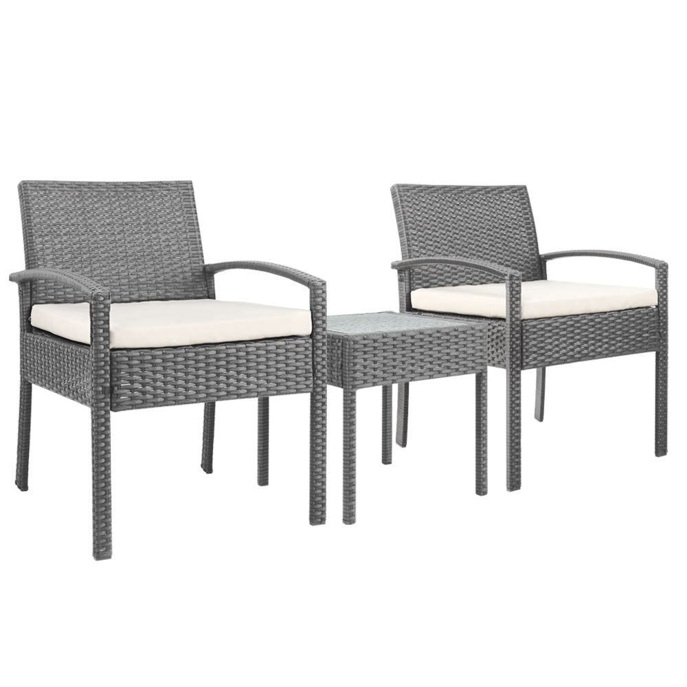 3PC Patio Furniture Bistro Set Wicker Outdoor Lounge Setting Grey - Furniture > Outdoor - Bedzy Australia