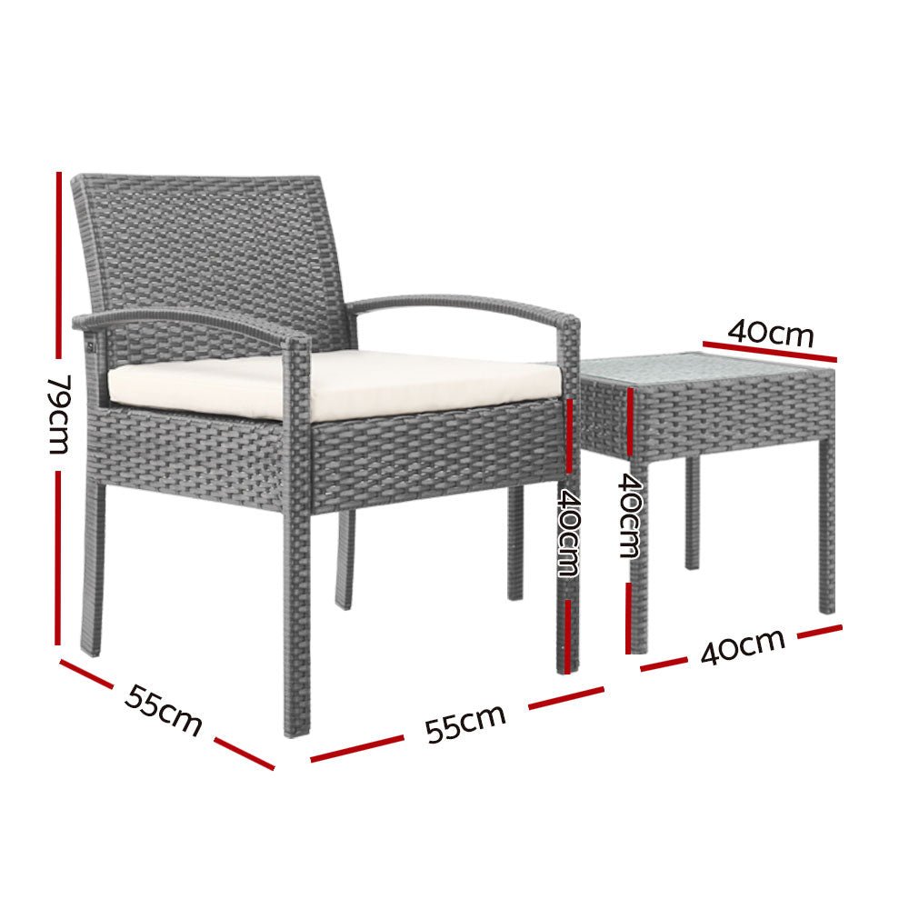 3PC Patio Furniture Bistro Set Wicker Outdoor Lounge Setting Grey - Furniture > Outdoor - Bedzy Australia