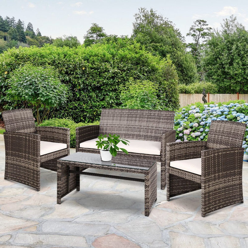 4 PCS Outdoor Sofa Set Rattan Chair Table Setting Garden Furniture Grey - Furniture > Outdoor - Bedzy Australia