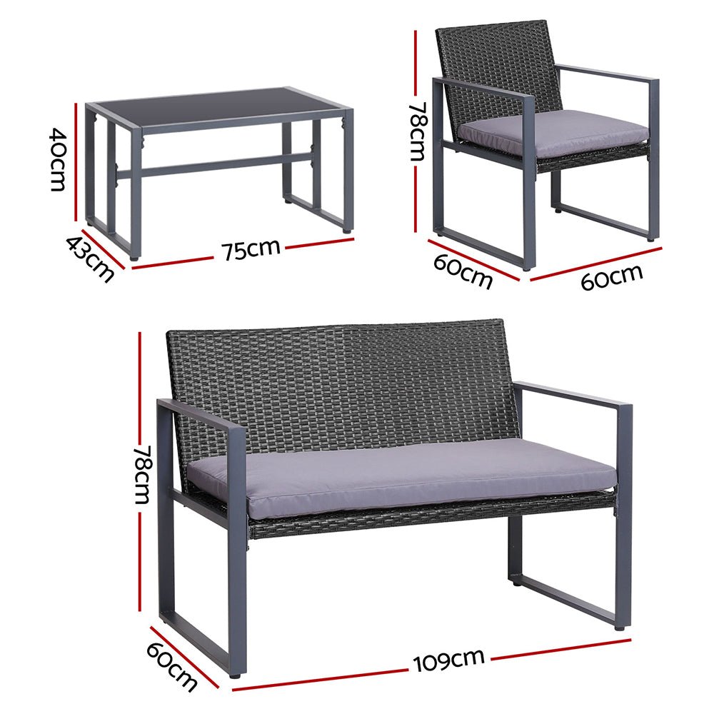 4 PCS Outdoor Sofa Set Rattan Furniture Glass Top Table Chairs Black - Furniture > Outdoor - Bedzy Australia