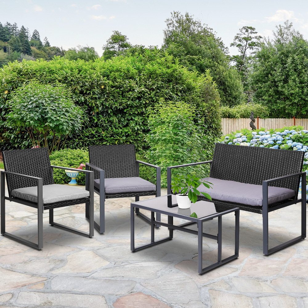 4 PCS Outdoor Sofa Set Rattan Furniture Glass Top Table Chairs Black - Furniture > Outdoor - Bedzy Australia