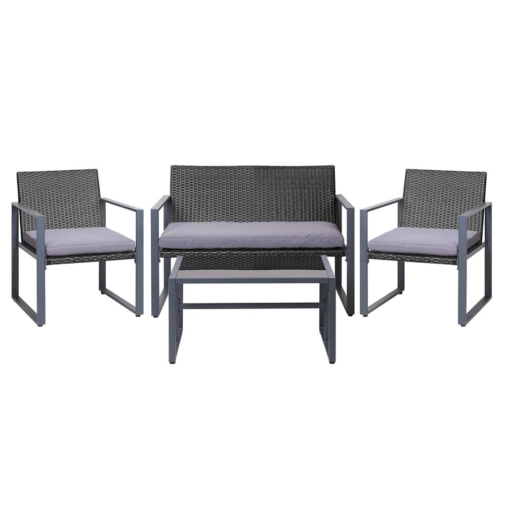 4 PCS Outdoor Sofa Set Rattan Furniture Glass Top Table Chairs Black - Furniture > Outdoor - Bedzy Australia