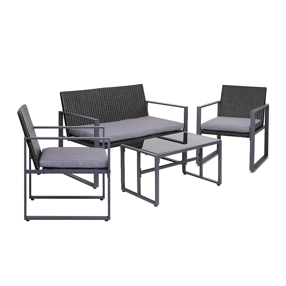 4 PCS Outdoor Sofa Set Rattan Furniture Glass Top Table Chairs Black - Furniture > Outdoor - Bedzy Australia