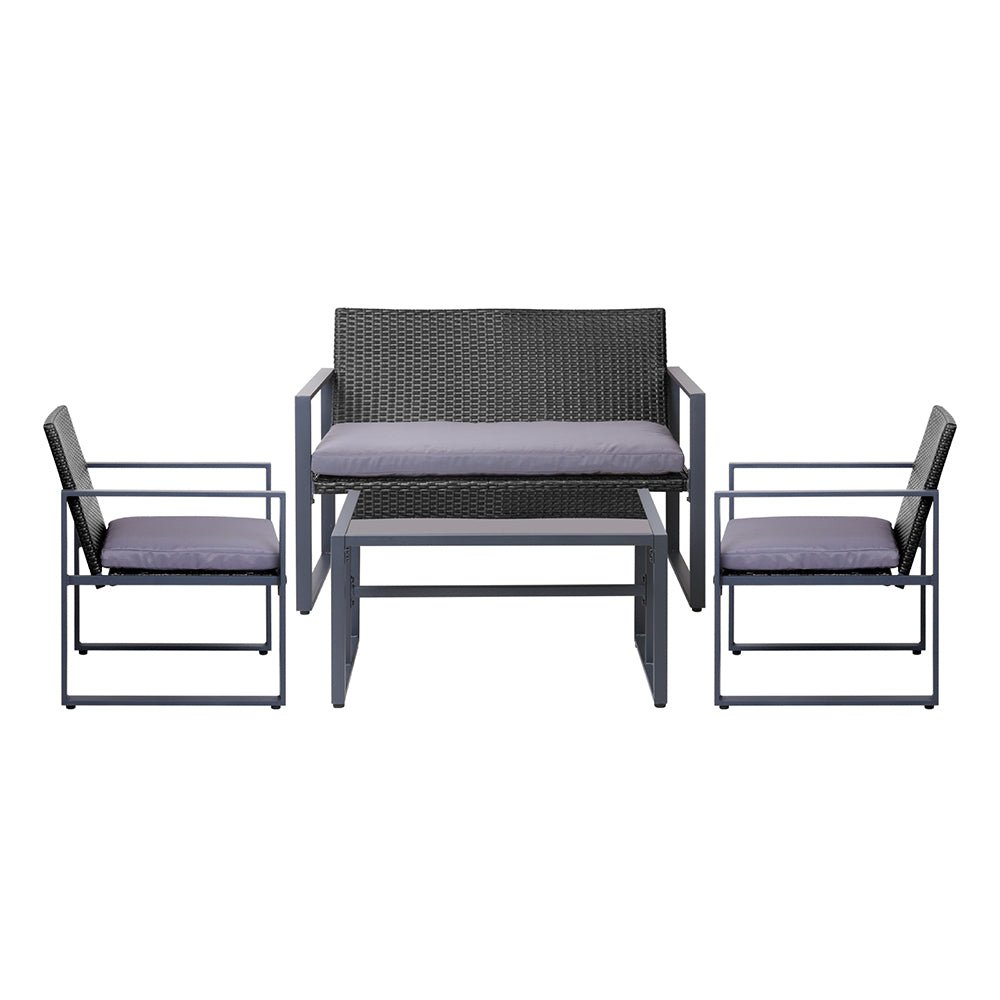 4 PCS Outdoor Sofa Set Rattan Furniture Glass Top Table Chairs Black - Furniture > Outdoor - Bedzy Australia