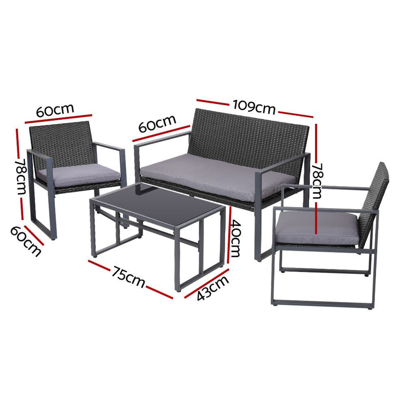 4 PCS Outdoor Sofa Set Rattan Furniture with Storage Cover Chairs Black - Furniture > Outdoor - Bedzy Australia