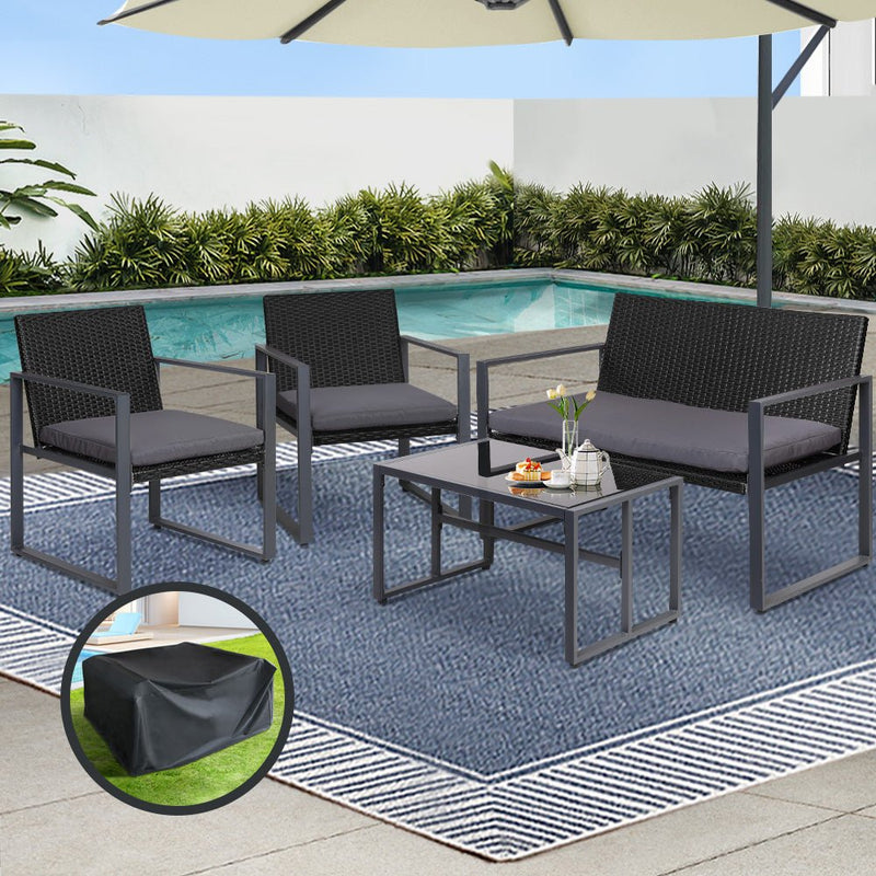 4 PCS Outdoor Sofa Set Rattan Furniture with Storage Cover Chairs Black - Furniture > Outdoor - Bedzy Australia