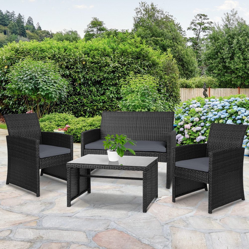 4 PCS Outdoor Sofa Set with Storage Cover Rattan Chair Furniture Black - Furniture > Outdoor - Bedzy Australia