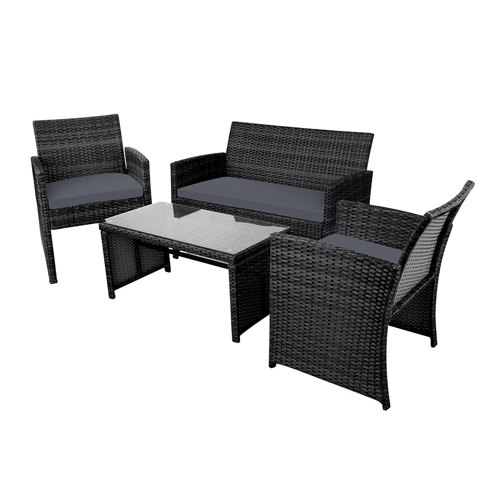 4 PCS Outdoor Sofa Set with Storage Cover Rattan Chair Furniture Black - Furniture > Outdoor - Bedzy Australia