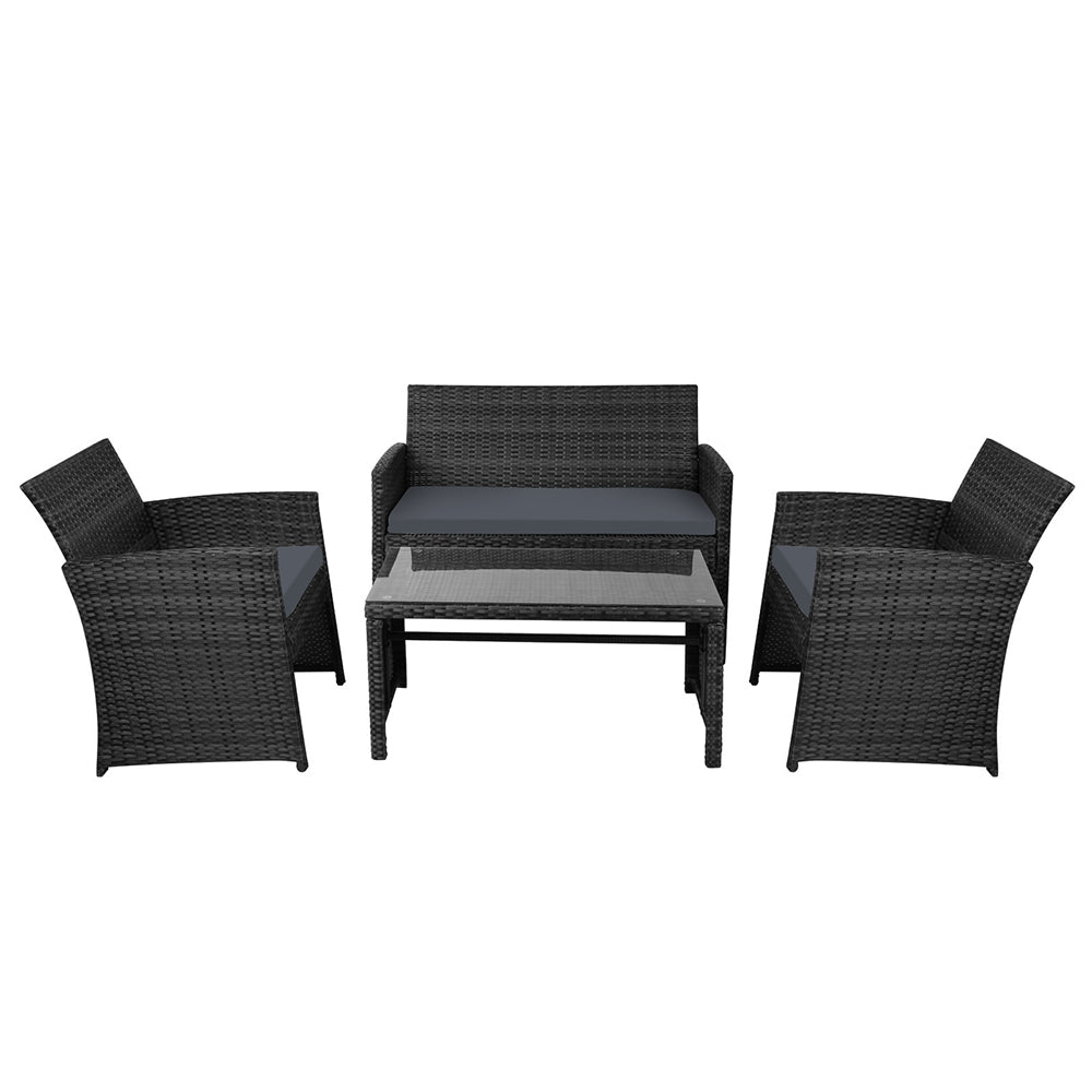 4 PCS Outdoor Sofa Set with Storage Cover Rattan Chair Furniture Black - Furniture > Outdoor - Bedzy Australia