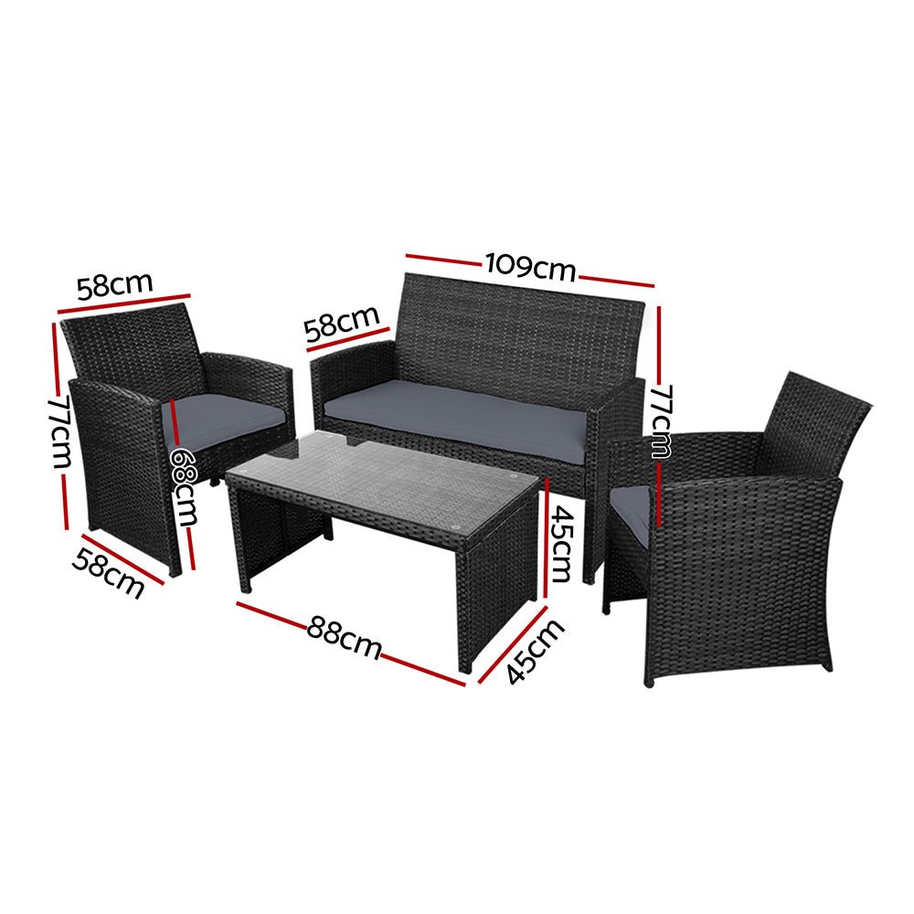 4 PCS Outdoor Sofa Set with Storage Cover Rattan Chair Furniture Black - Furniture > Outdoor - Bedzy Australia