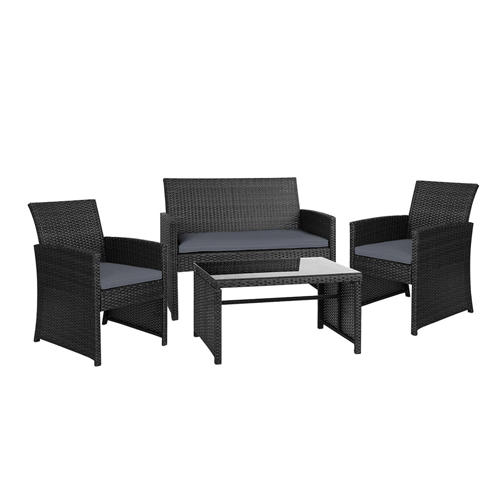 4 PCS Outdoor Sofa Set with Storage Cover Rattan Chair Furniture Black - Furniture > Outdoor - Bedzy Australia