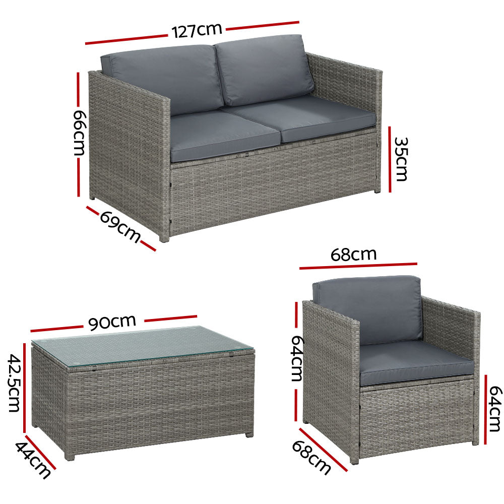 4-Piece Outdoor Sofa Set Wicker Couch Lounge Setting Grey - Furniture > Outdoor - Bedzy Australia