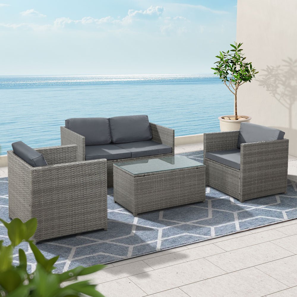 4-Piece Outdoor Sofa Set Wicker Couch Lounge Setting Grey - Furniture > Outdoor - Bedzy Australia