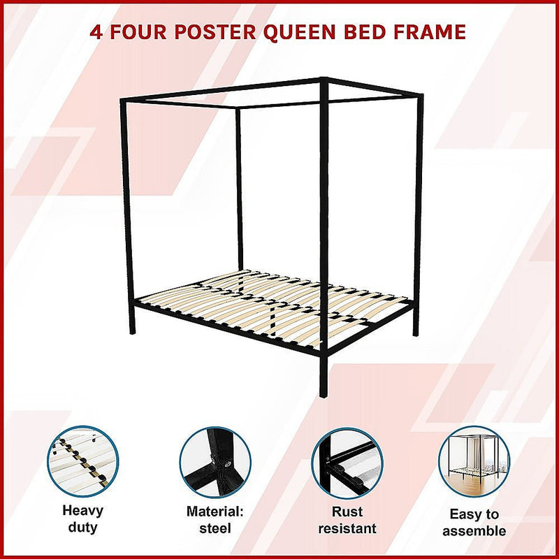 4 Poster Queen Bed Frame Black - Bedzy Australia