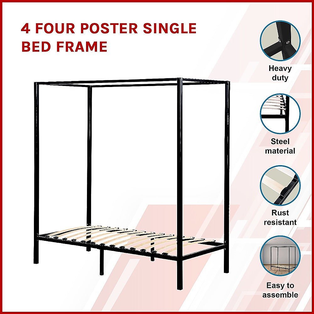 4 Poster Single Bed Frame Black - Bedzy Australia