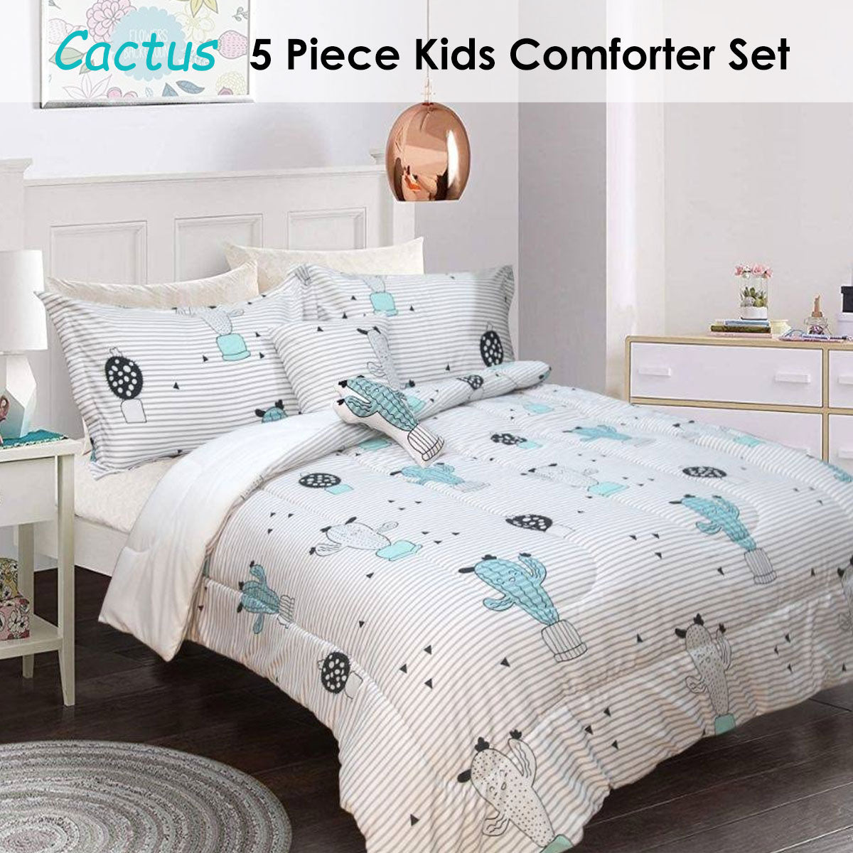 5 Piece Kids Comforter Set Cactus Double - Home & Garden > Bedding - Bedzy Australia