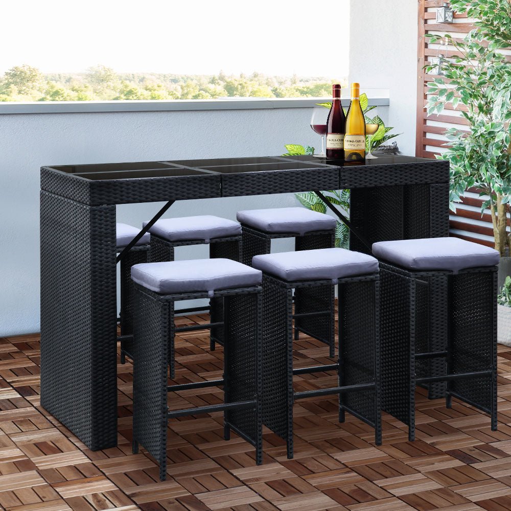 7-Piece Outdoor Bar Set Dining Table Stools Wicker Patio Setting - Furniture > Outdoor - Bedzy Australia