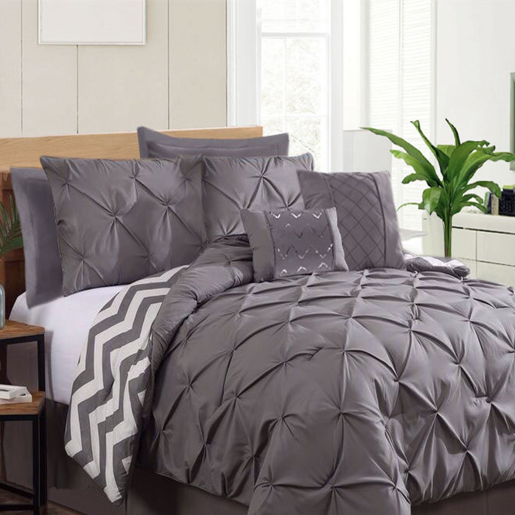 7 Piece Pinch Pleat Comforter Set Charcoal King - Home & Garden > Bedding - Bedzy Australia