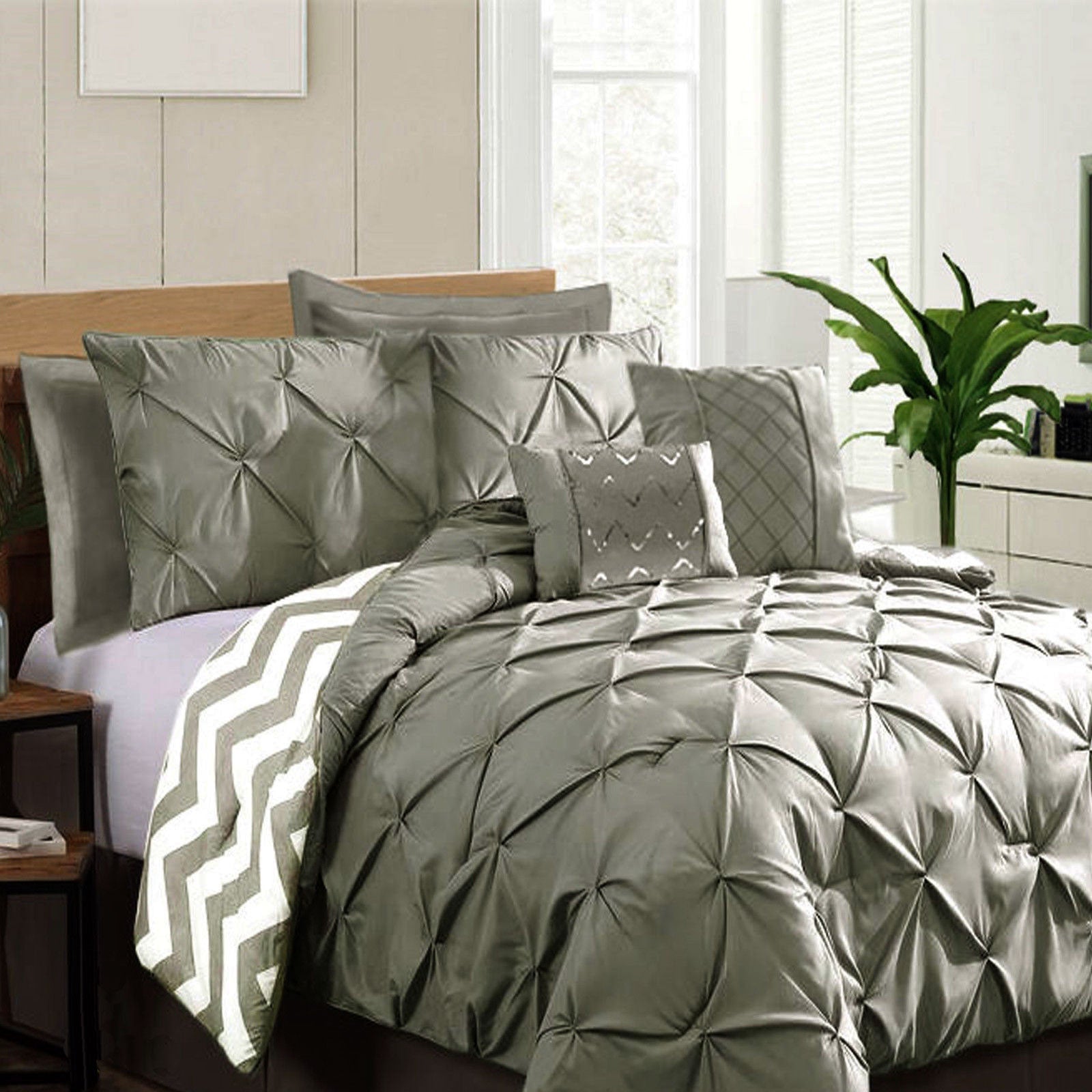 7 Piece Pinch Pleat Comforter Set Grey Queen - Home & Garden > Bedding - Bedzy Australia