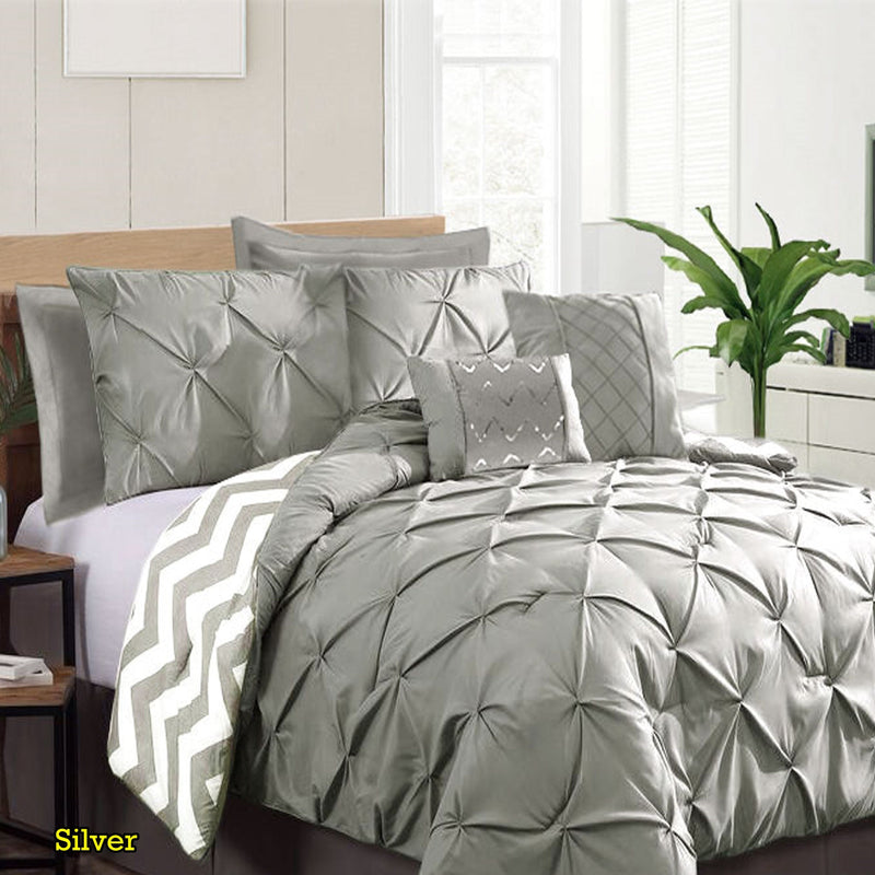 7 Piece Pinch Pleat Comforter Set Silver Queen - Home & Garden > Bedding - Bedzy Australia