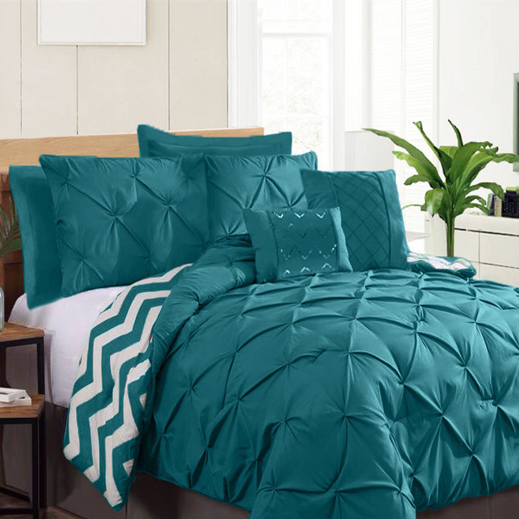 7 Piece Pinch Pleat Comforter Set Teal Queen - Home & Garden > Bedding - Bedzy Australia