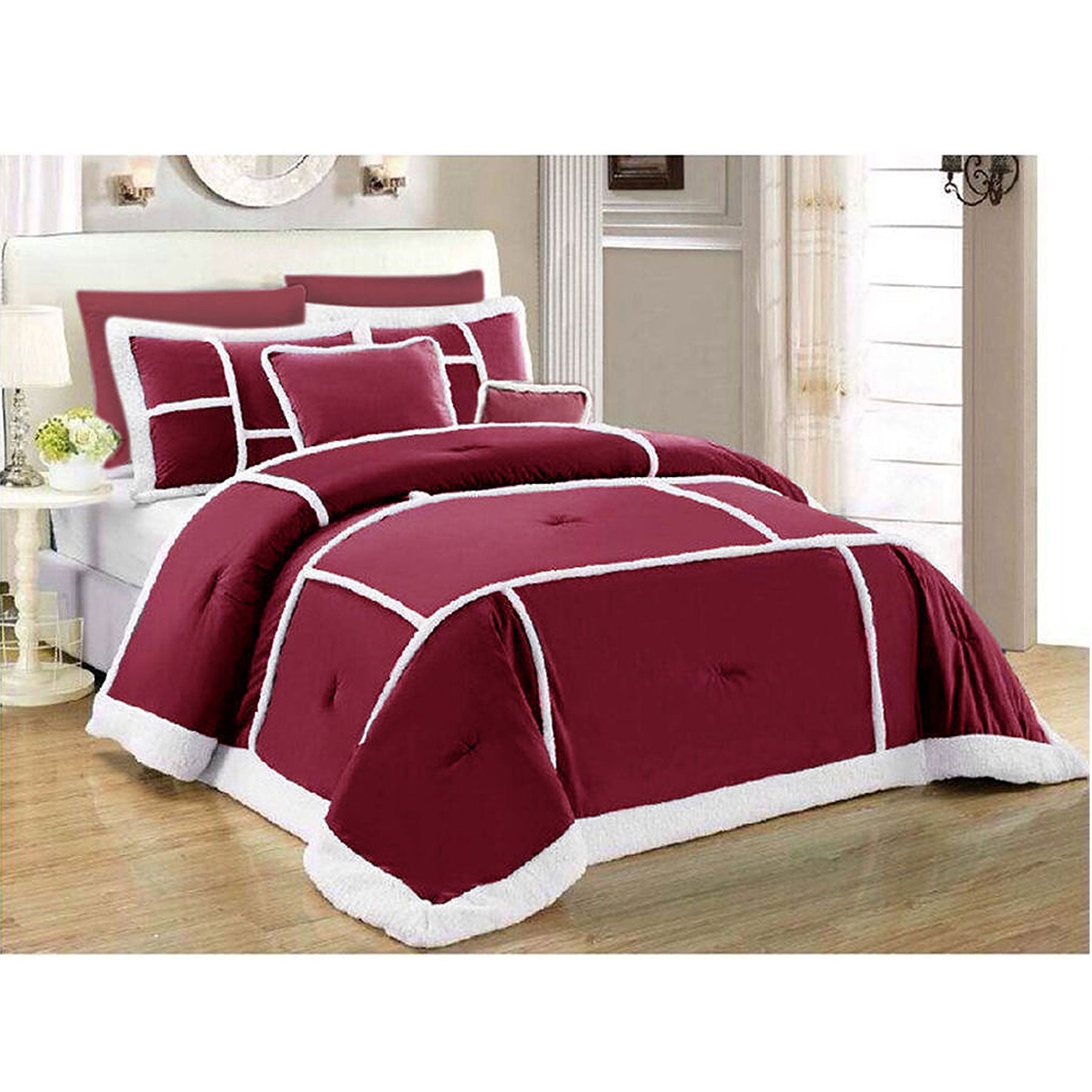 7 Piece Soho Sherpa Comforter Set Burgundy Queen - Home & Garden > Bedding - Bedzy Australia