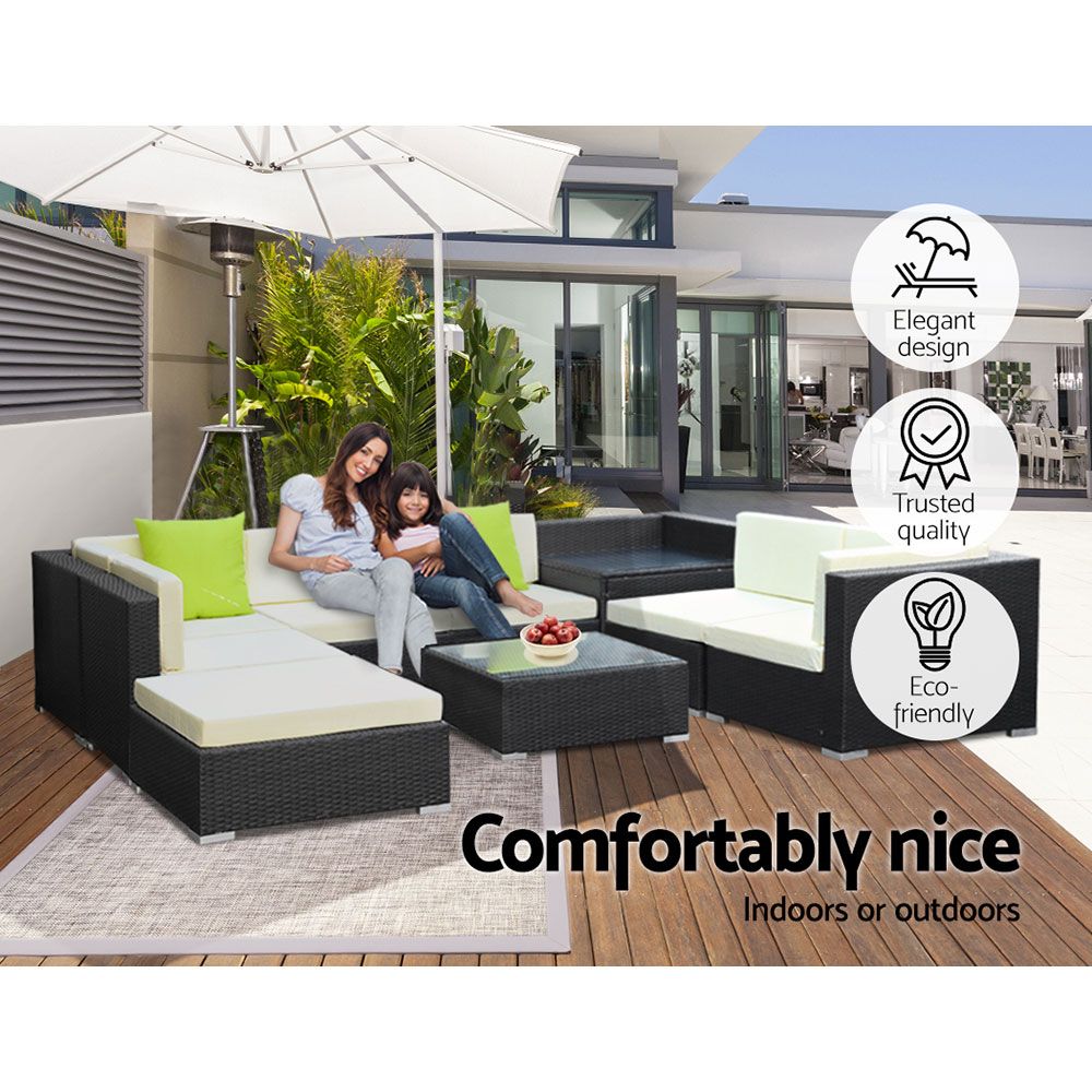 9-Piece Outdoor Sofa Set Wicker Couch Lounge Setting 7 Seater - Furniture > Outdoor - Bedzy Australia