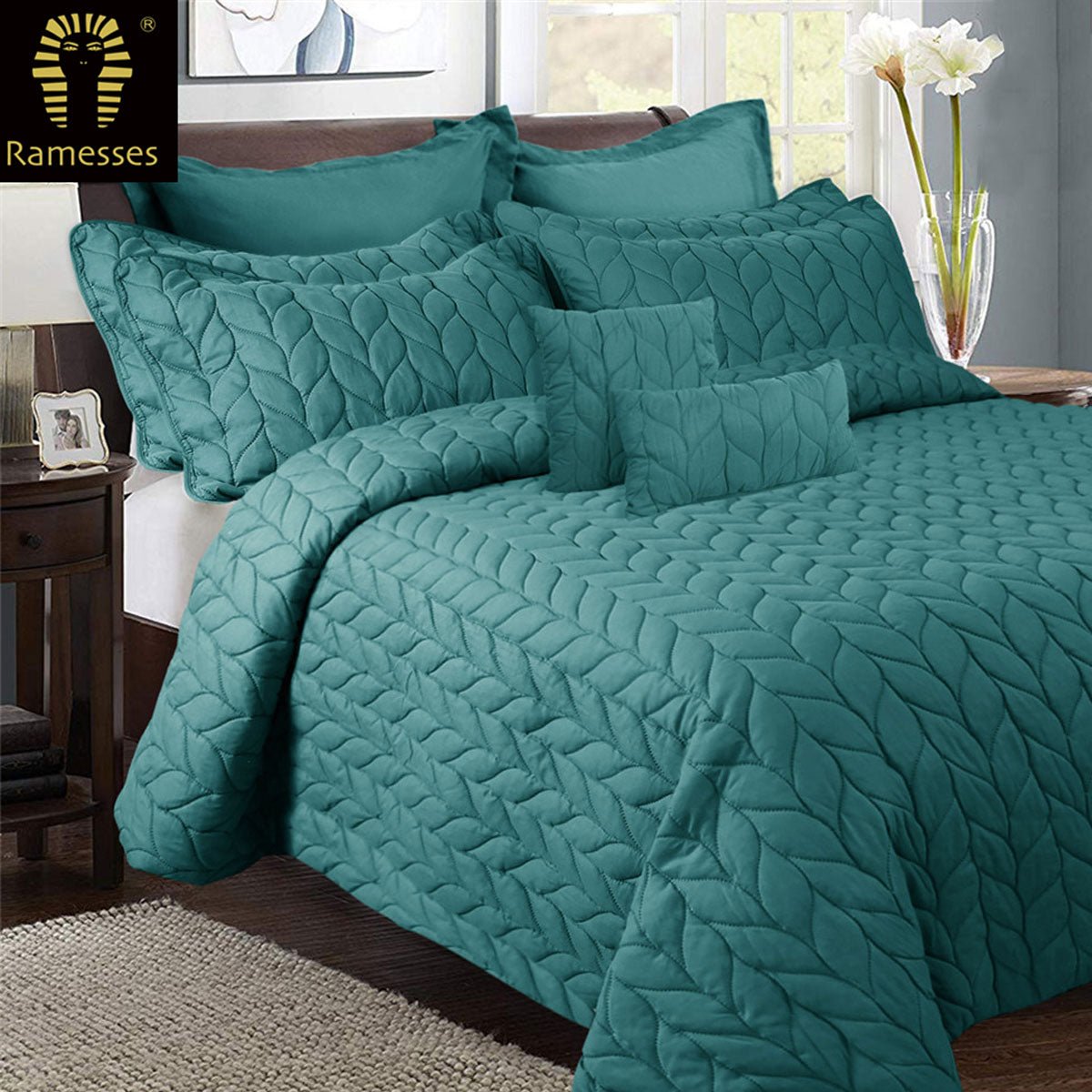 9 Pieces Ultrasonic Comforter Set Queen Teal - Home & Garden > Bedding - Bedzy Australia