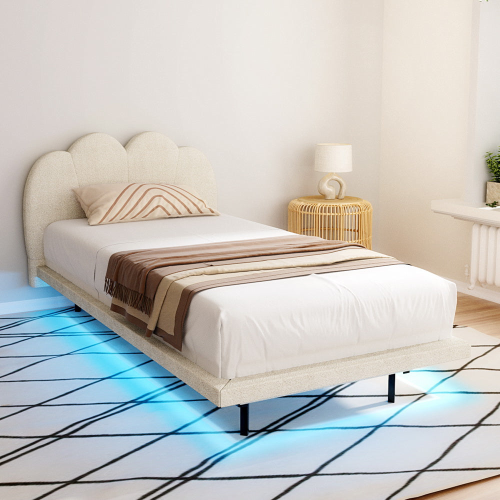 Sasa Single LED Bed Frame - Beige Boucle Fabric