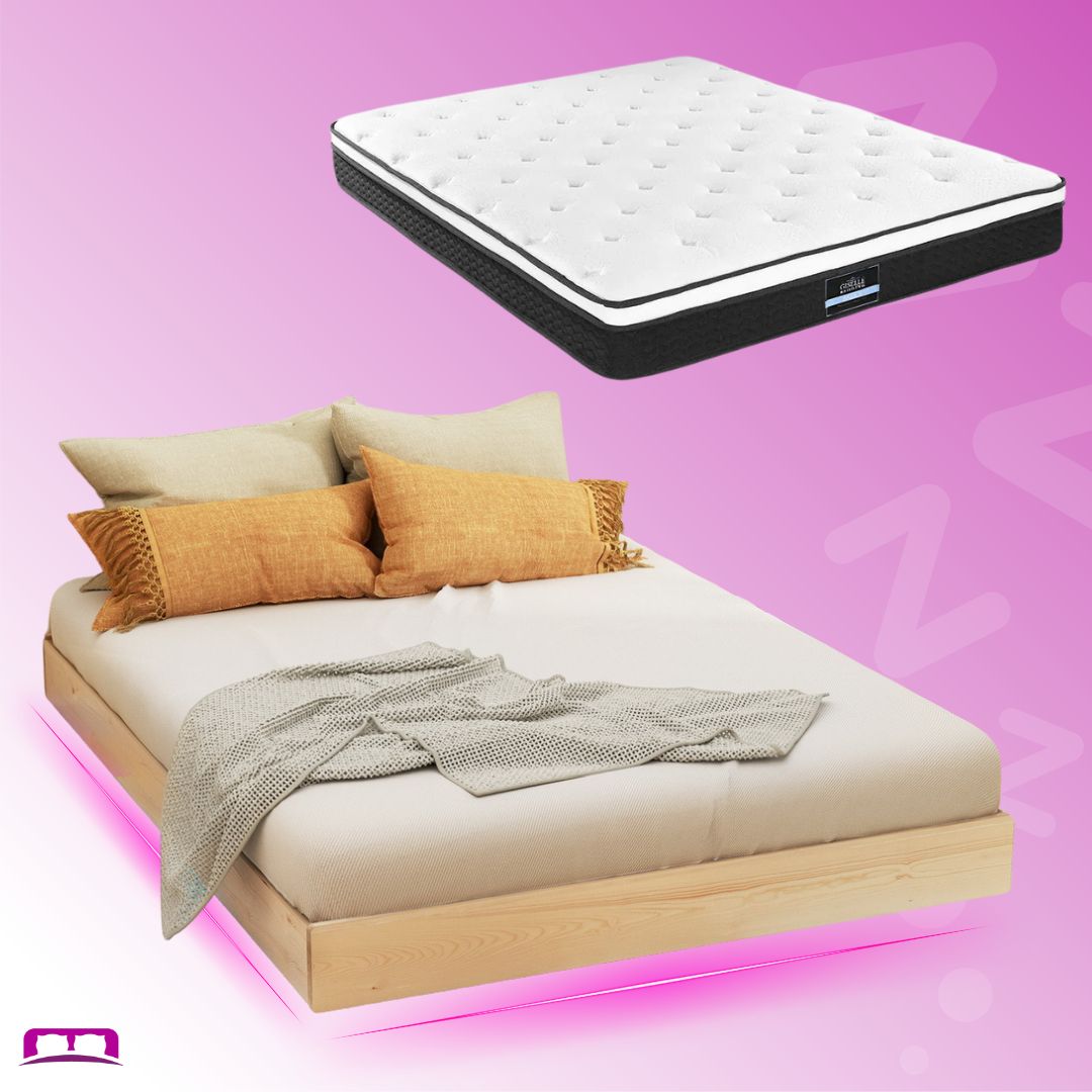 Double Package | Odin Floating Style LED Pinewood Bed Frame & Bonita Pillow Top Mattress (Medium Firm)