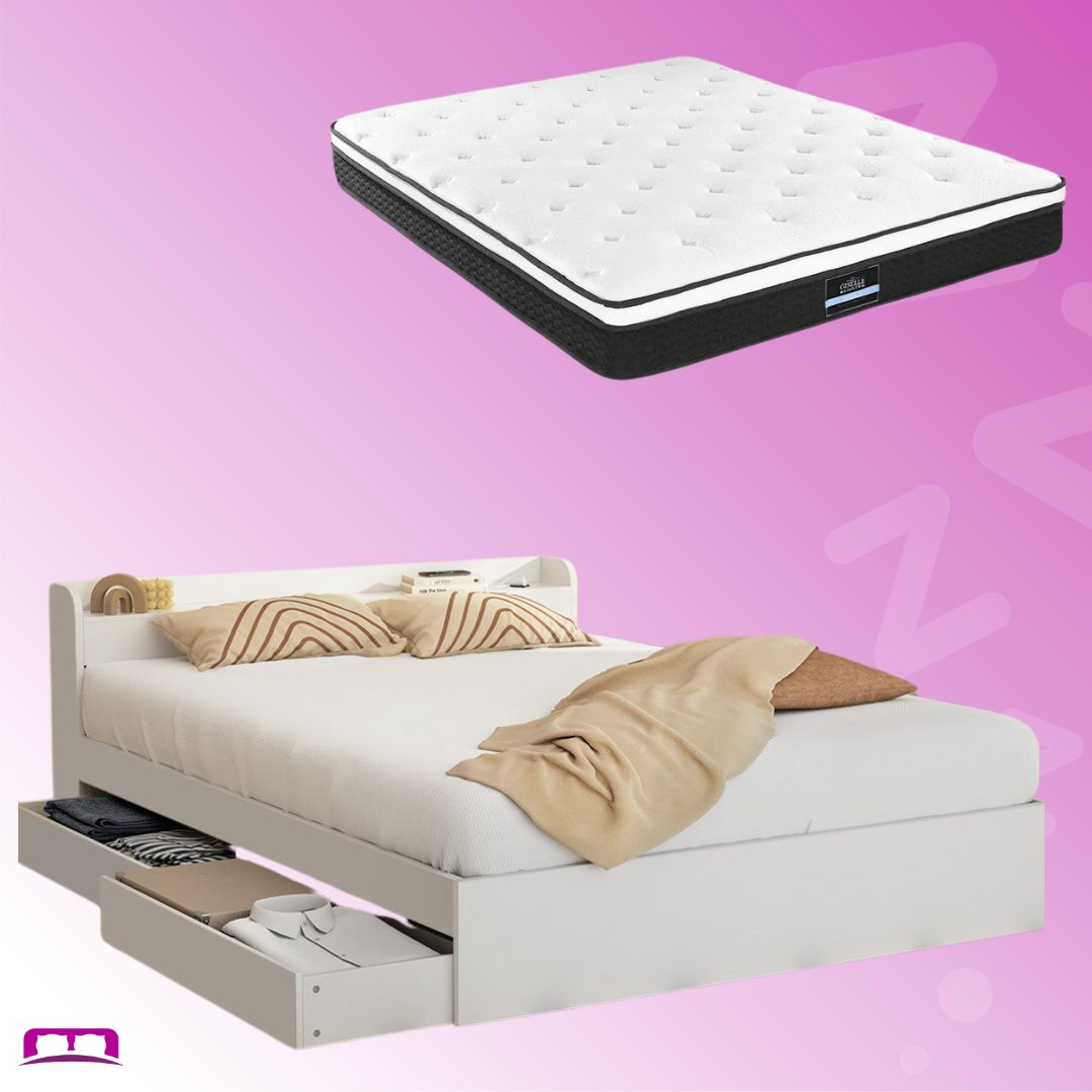 Double Package | Aura Bed Frame With 2 Storage Drawers White & Bonita Pillow Top Mattress (Medium Firm)