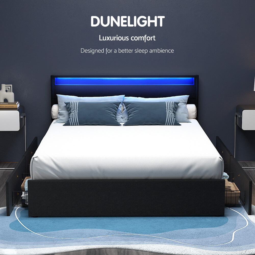 Dunelight LED Double Bed Frame with 4 Storage Drawers - Black