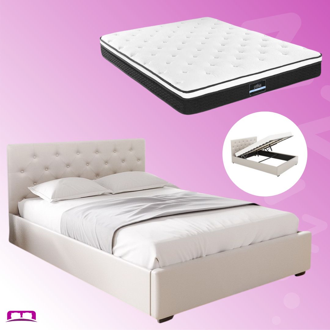 Double Package | Dorilla Gas Lift Storage Bed Frame Beige & Bonita Pillow Top Mattress (Medium Firm)