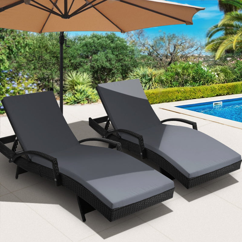 Set of 2 Bianca Outdoor Sun Lounger Chairs with Cushion - Black