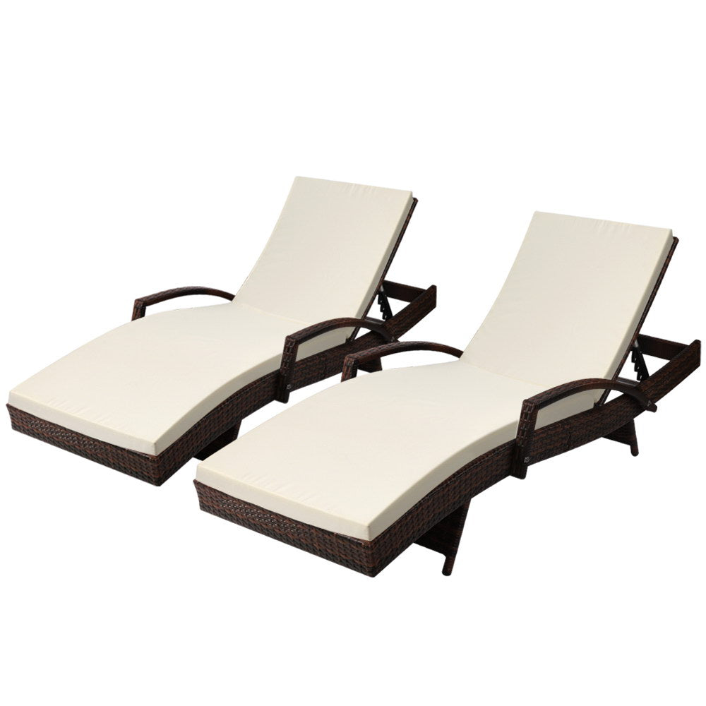 Set of 2 Bianca Outdoor Sun Lounger Chairs with Cushion - Brown