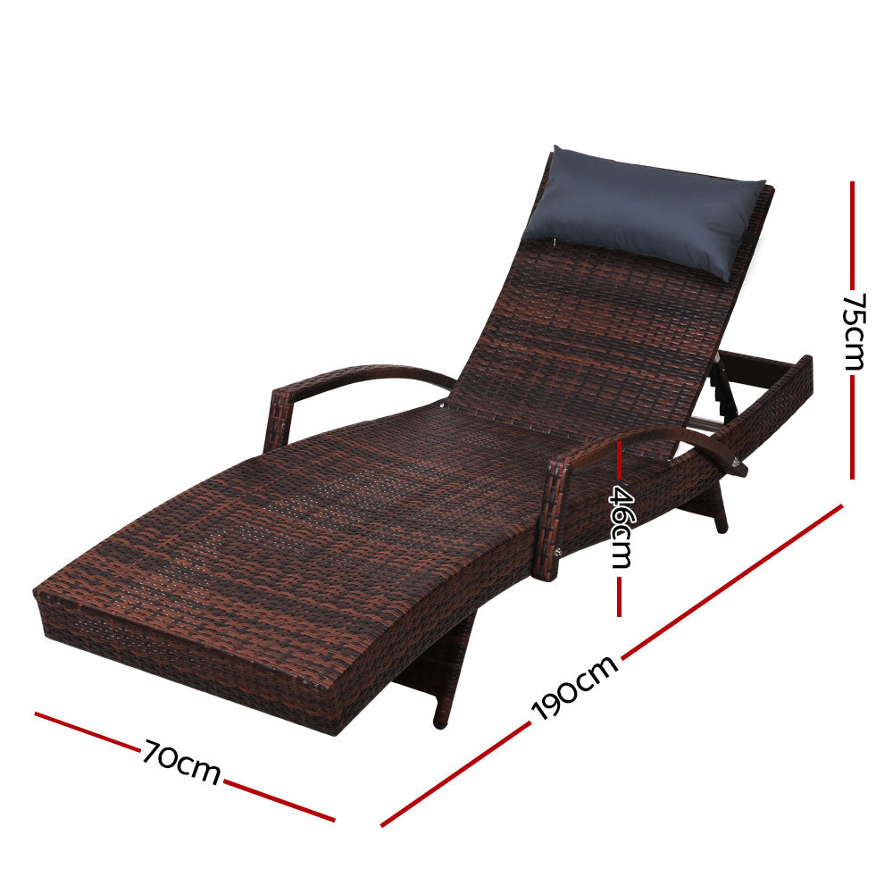 Set of 2 Bianca Outdoor Sun Lounger Chairs with Pillow Headrests - Brown