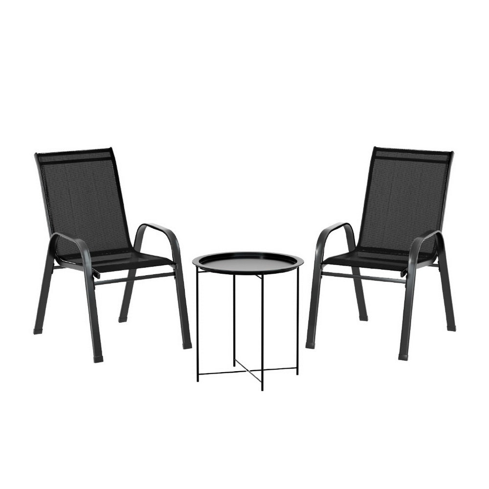 3 Piece Black Outdoor Bistro Set – Stackable Chairs & Patio Table