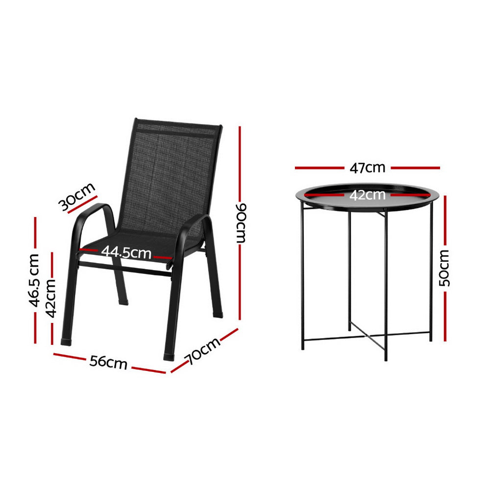 3 Piece Black Outdoor Bistro Set – Stackable Chairs & Patio Table