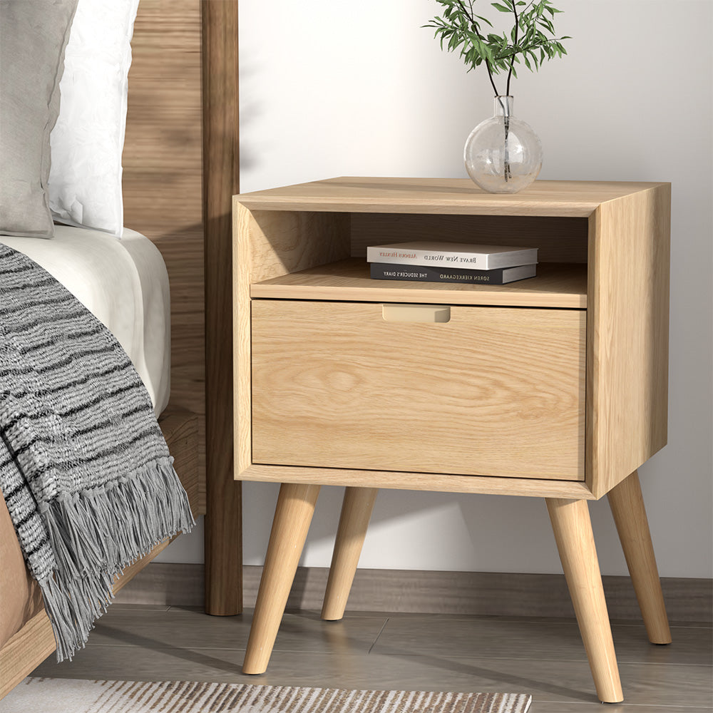 Bedside Table with Drawer and Open Shelf - Pine