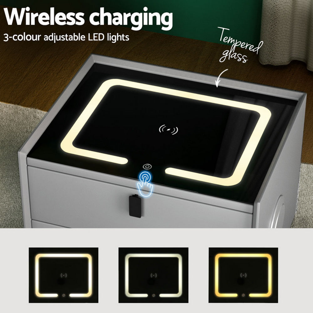 Aika Grey Smart Bedside Table with Wireless Charging, LED Lights & Bluetooth Speaker - Grey