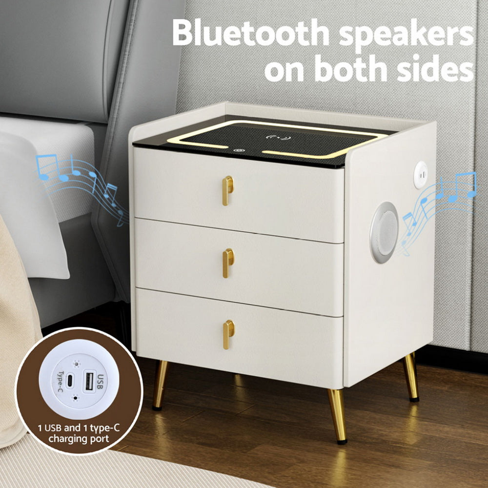 3 Drawer Smart Bedside Table with Wireless Charging, LED Lights & Bluetooth Speakers - White