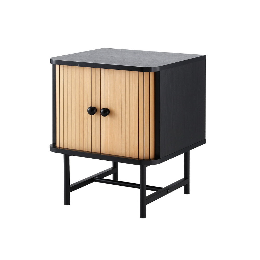 Bedside Table with Sliding Fluted Doors – Black & Pine Finish