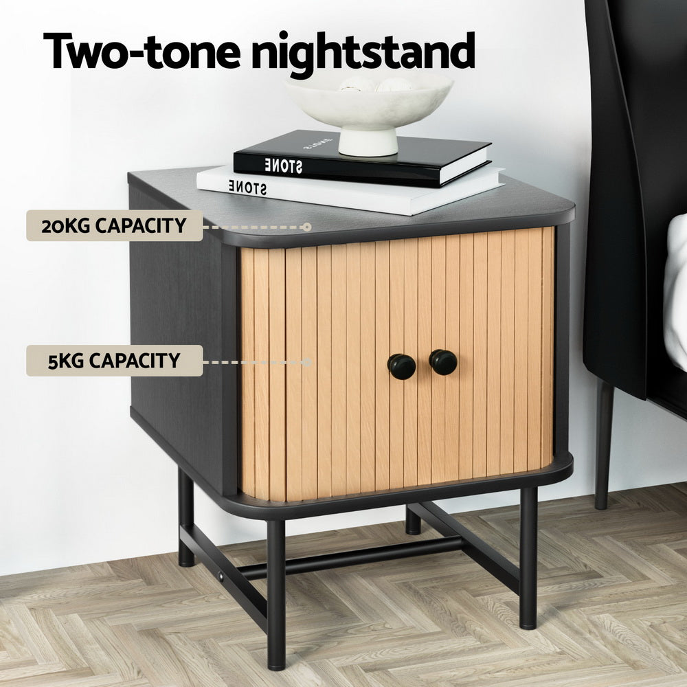 Bedside Table with Sliding Fluted Doors – Black & Pine Finish