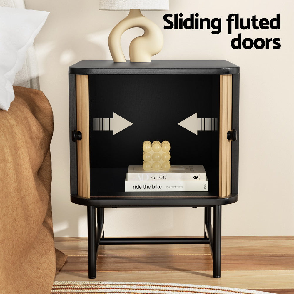 Bedside Table with Sliding Fluted Doors – Black & Pine Finish