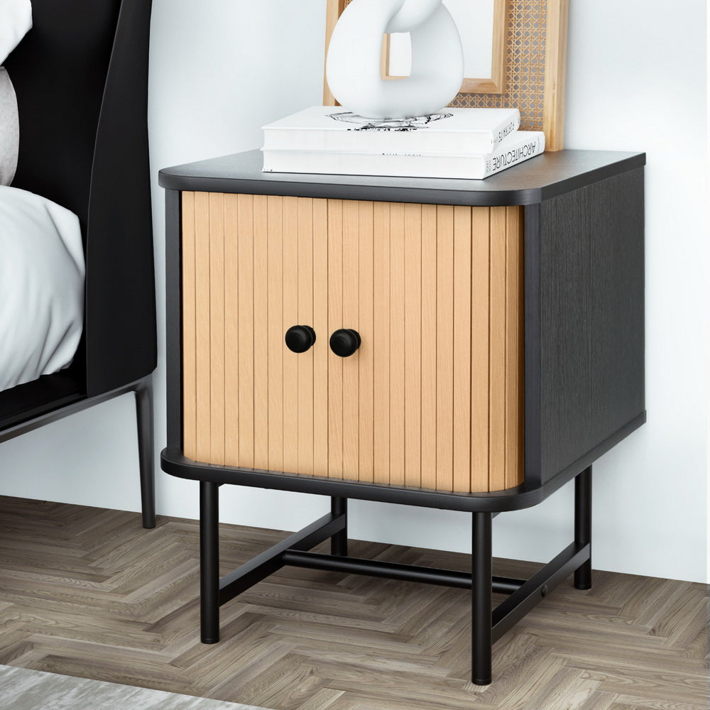 Bedside Table with Sliding Fluted Doors – Black & Pine Finish