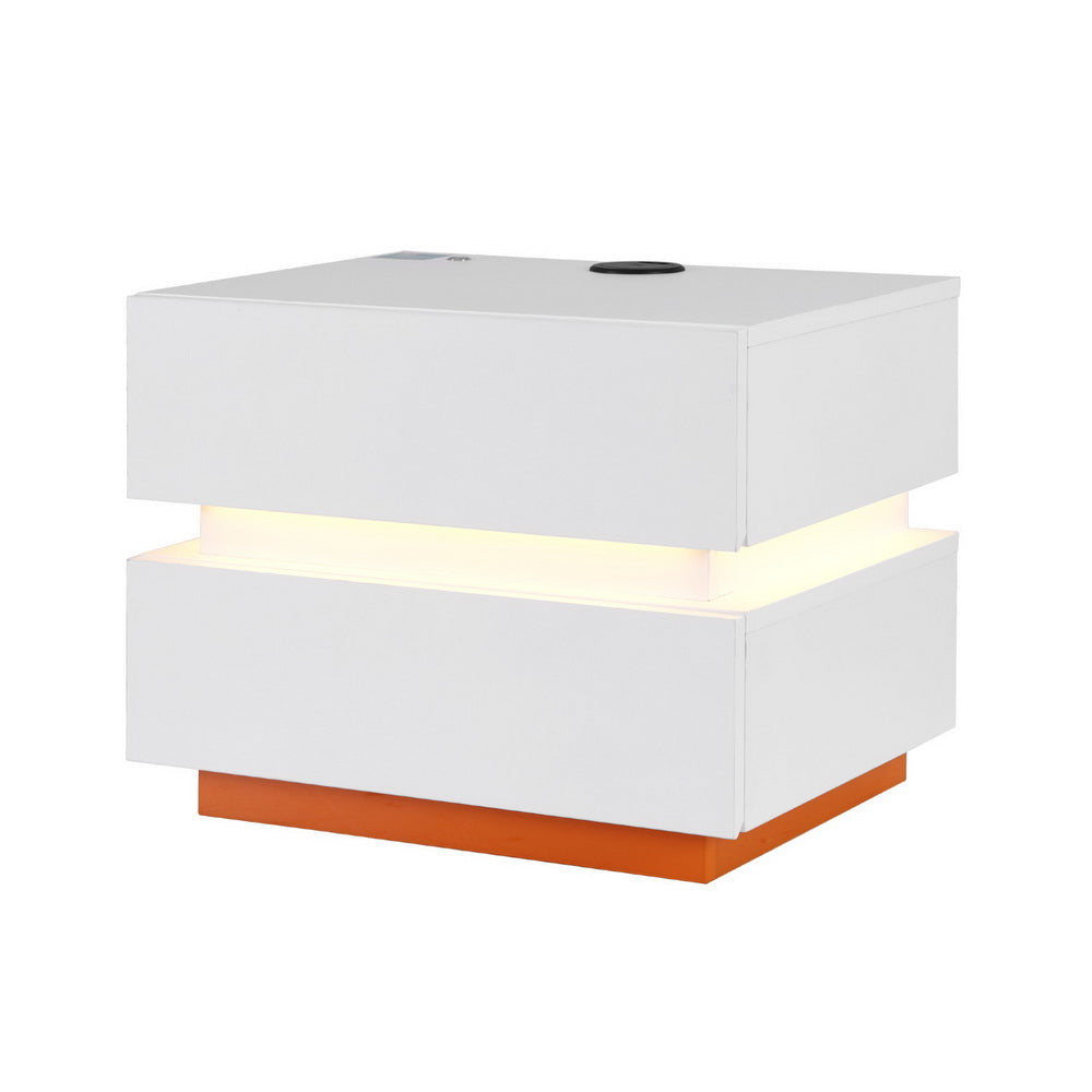 Smart LED Bedside Table with Wireless Charging & Storage Drawers - White