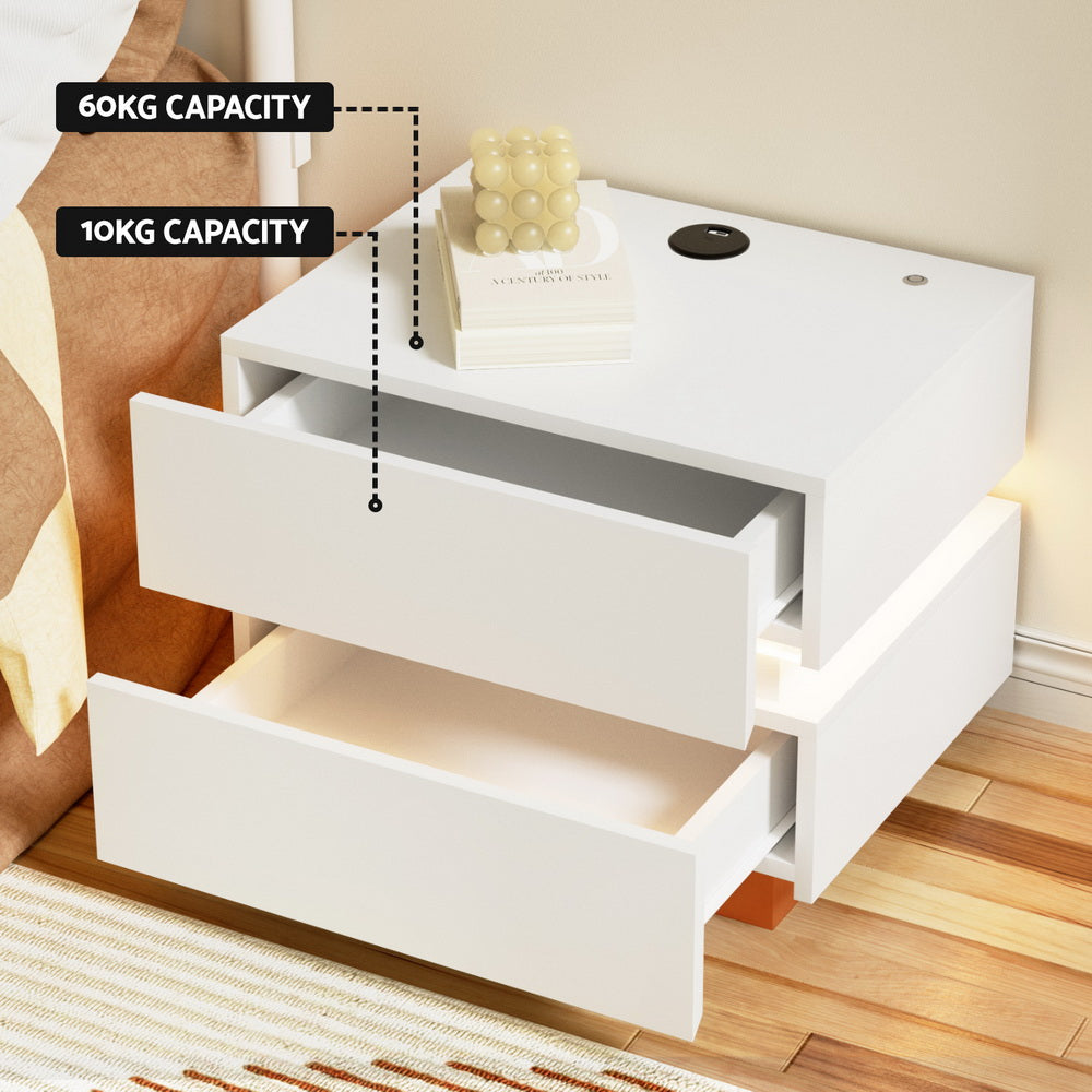 Smart LED Bedside Table with Wireless Charging & Storage Drawers - White